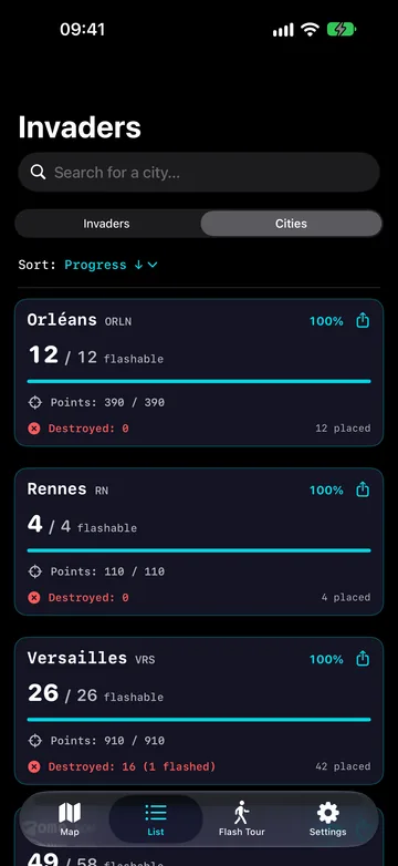 City list showing flash progress for Orléans, Rennes and Versailles