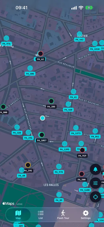 Invaders Finder map view, with mosaics around Les Halles in Paris