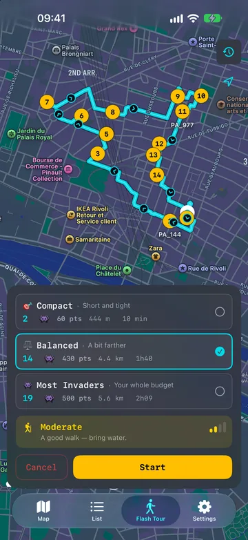 Flash Tour planning a walking route through central Paris